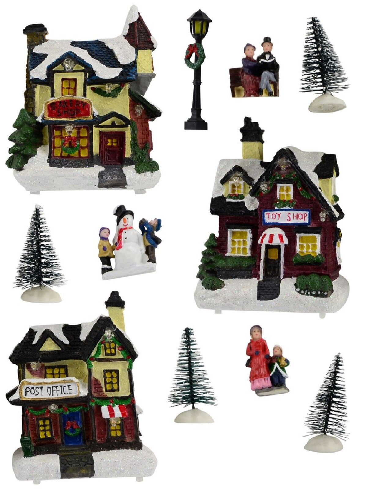 Illuminated Christmas Village Scene With Village Shops & Figurines - 11 Piece