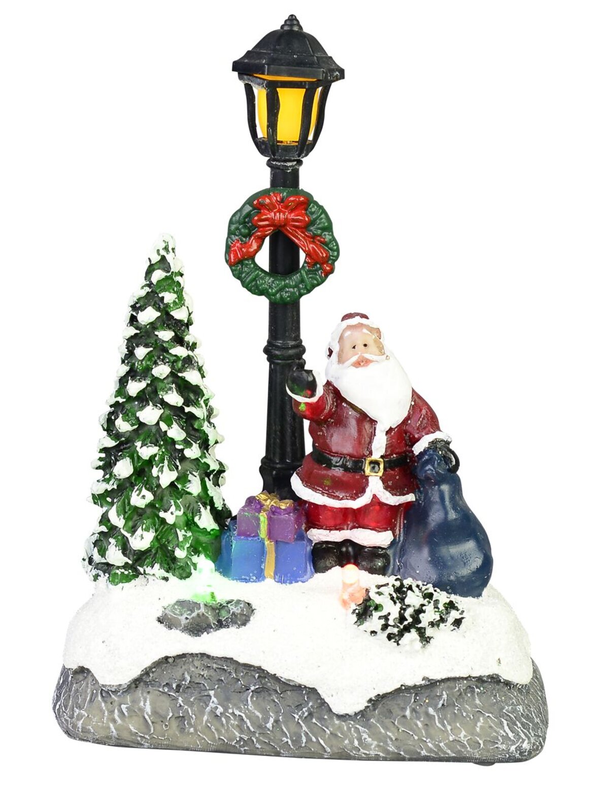 Illuminated Santa with Sack Under a Lamp Post Scene - 12cm