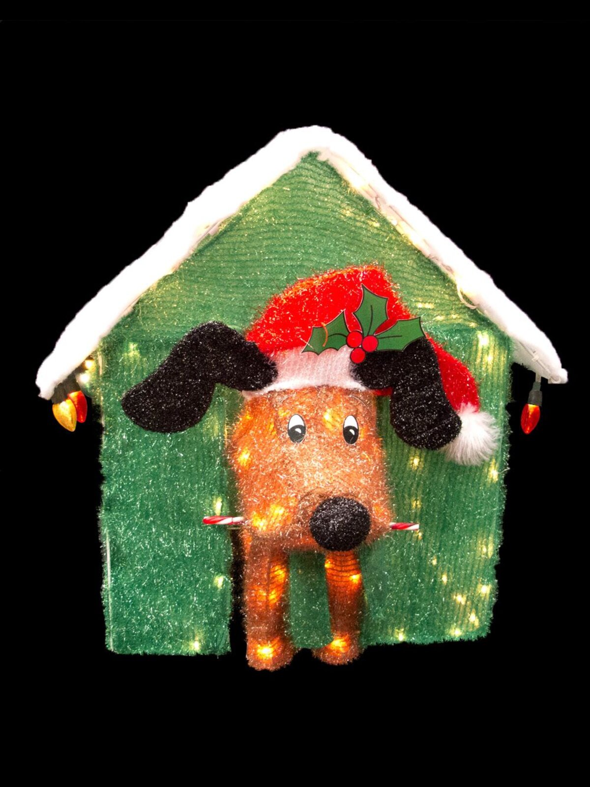Incandescent Tinsel Fabric Dog In Kennel Light Display - 60cm