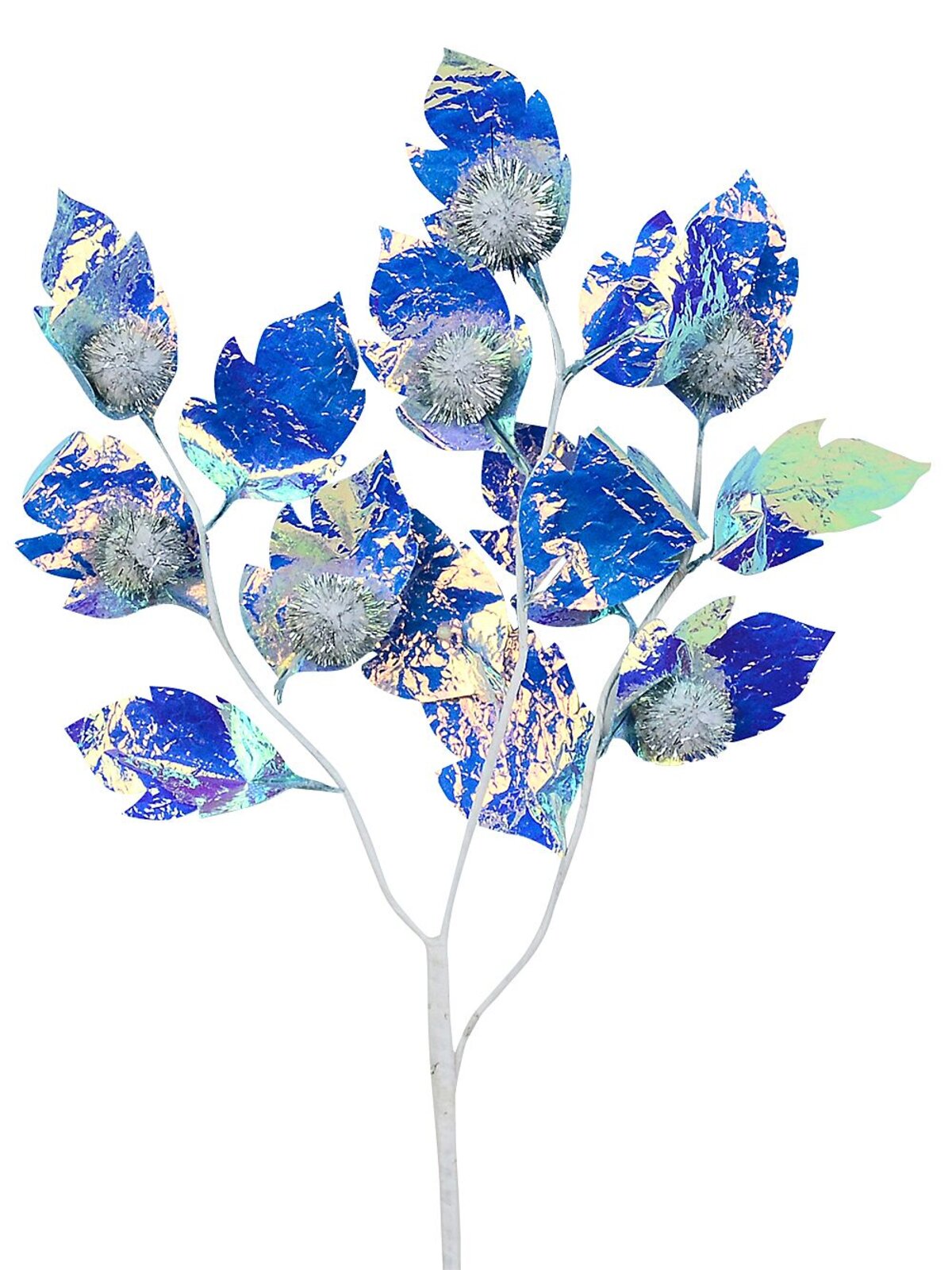 Iridescent Blue Hawthorn Like Leaf Spray Long Christmas Tree Clip Stem | 50cm