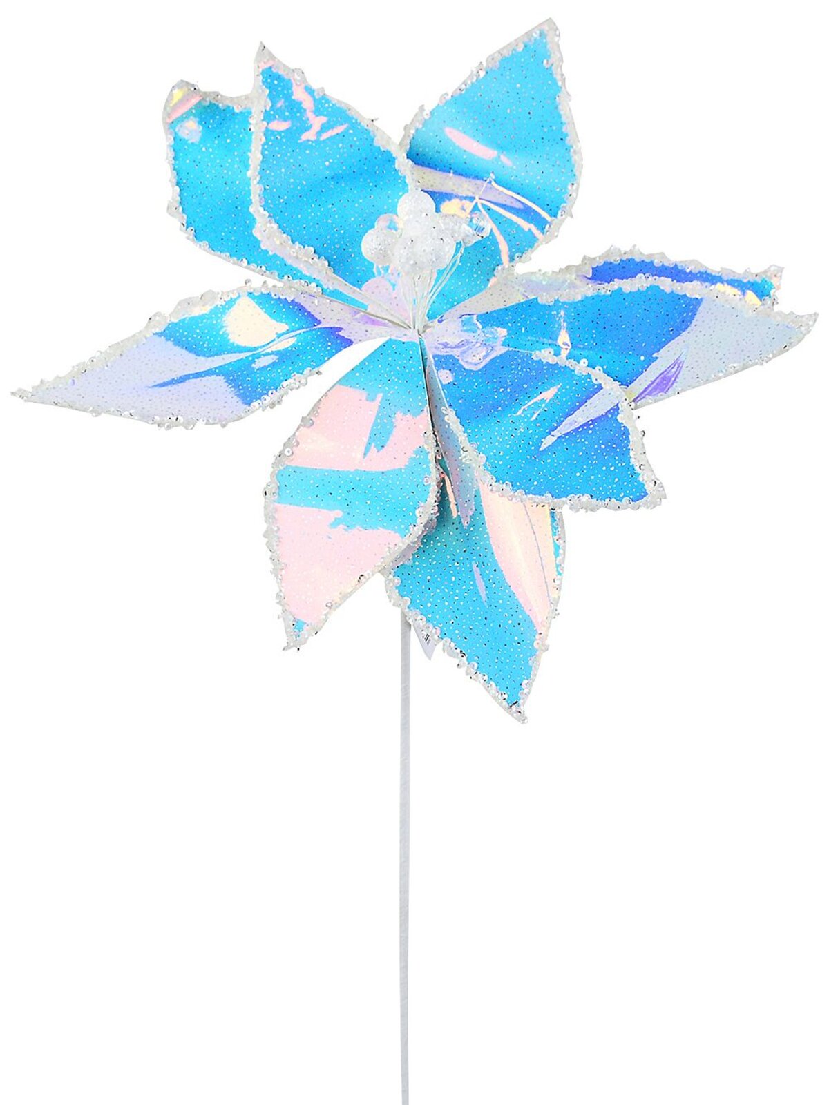 Iridescent Glossy & Sequin Poinsettia Long Christmas Stem | 55cm