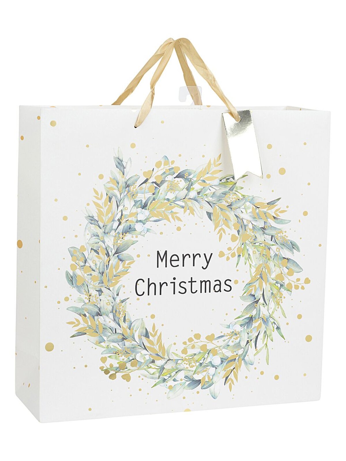 Large Eggshell White Christmas Wreath Gift Bag With Gold Foil | 35cm