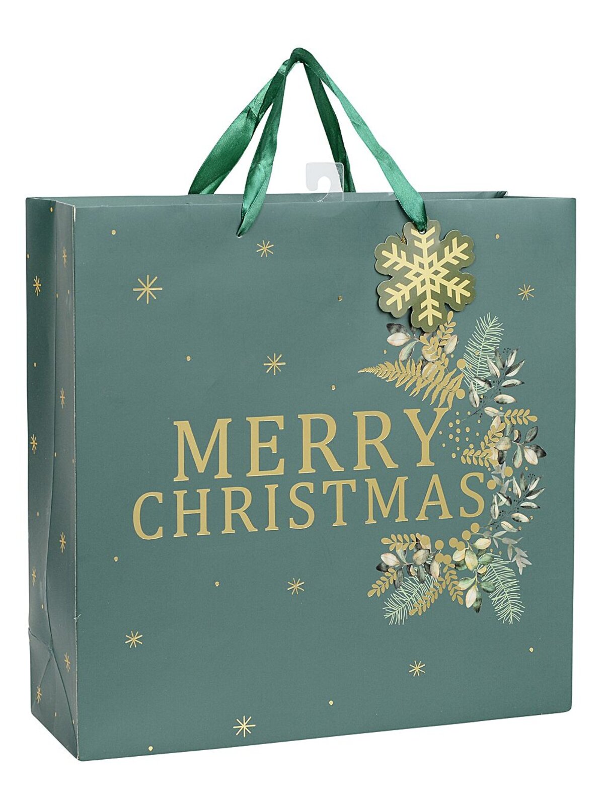 Large Green Merry Christmas & Foliage Gift Bag With Gold Foil | 35cm