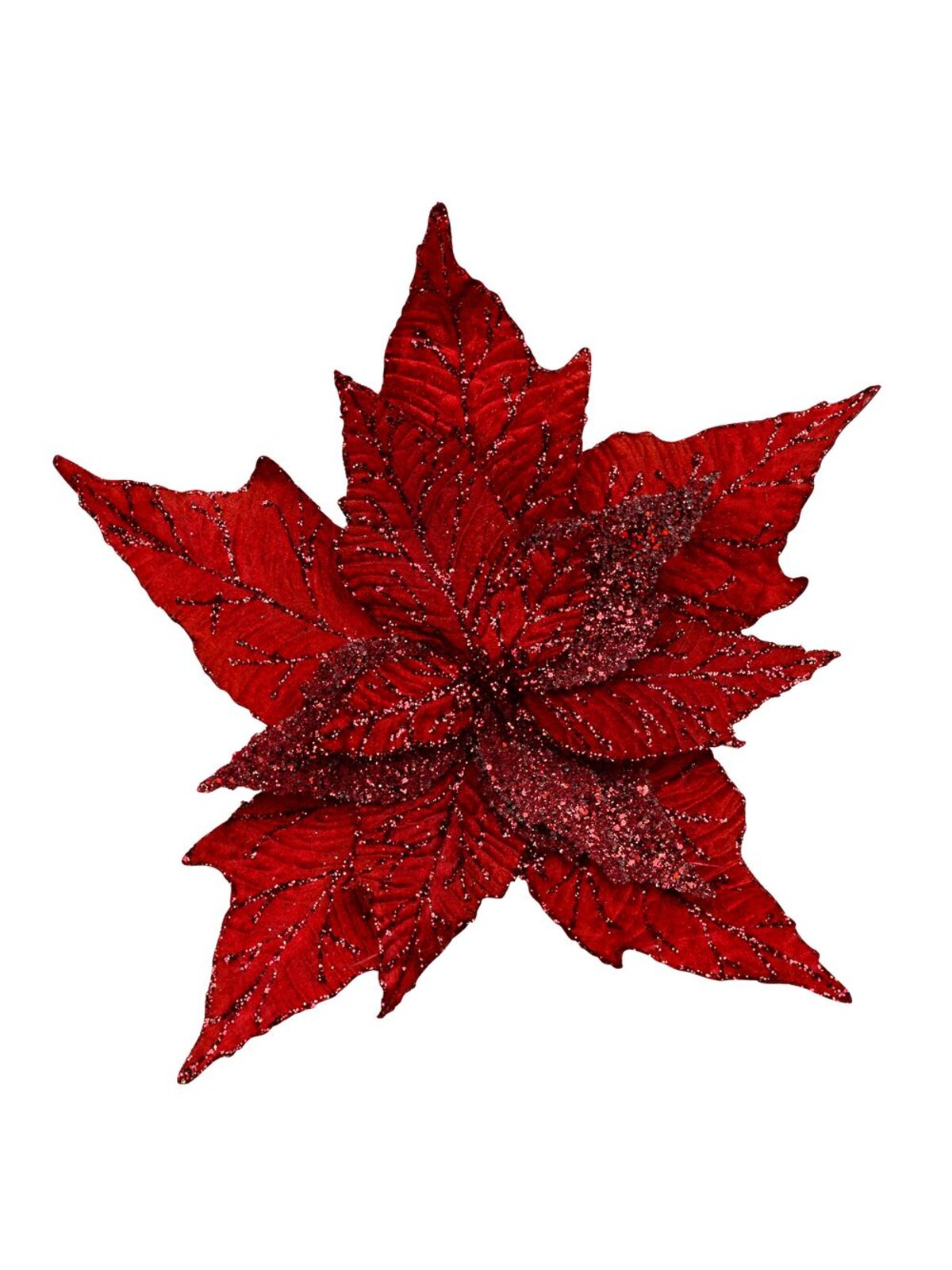Luxe Red Poinsettia Pick With Dew Like & Glittered Fabric Leaves - 33cm