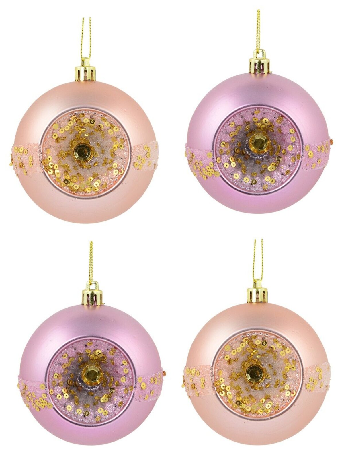 Matte Pink Baubles With Concave Side, Sequins & Frost Look Stripe - 4 x 80mm