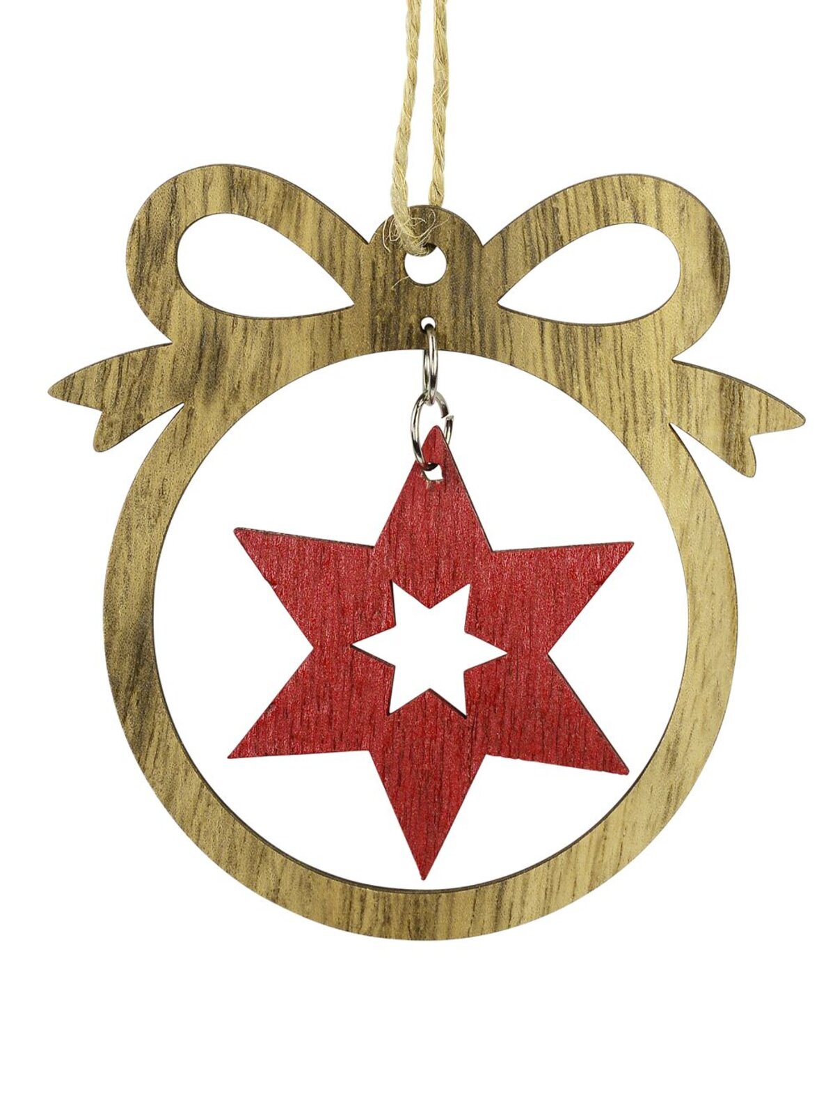 MDF Bow With Red Star Cut-Out Christmas Tree Hanging Decoration - 10cm