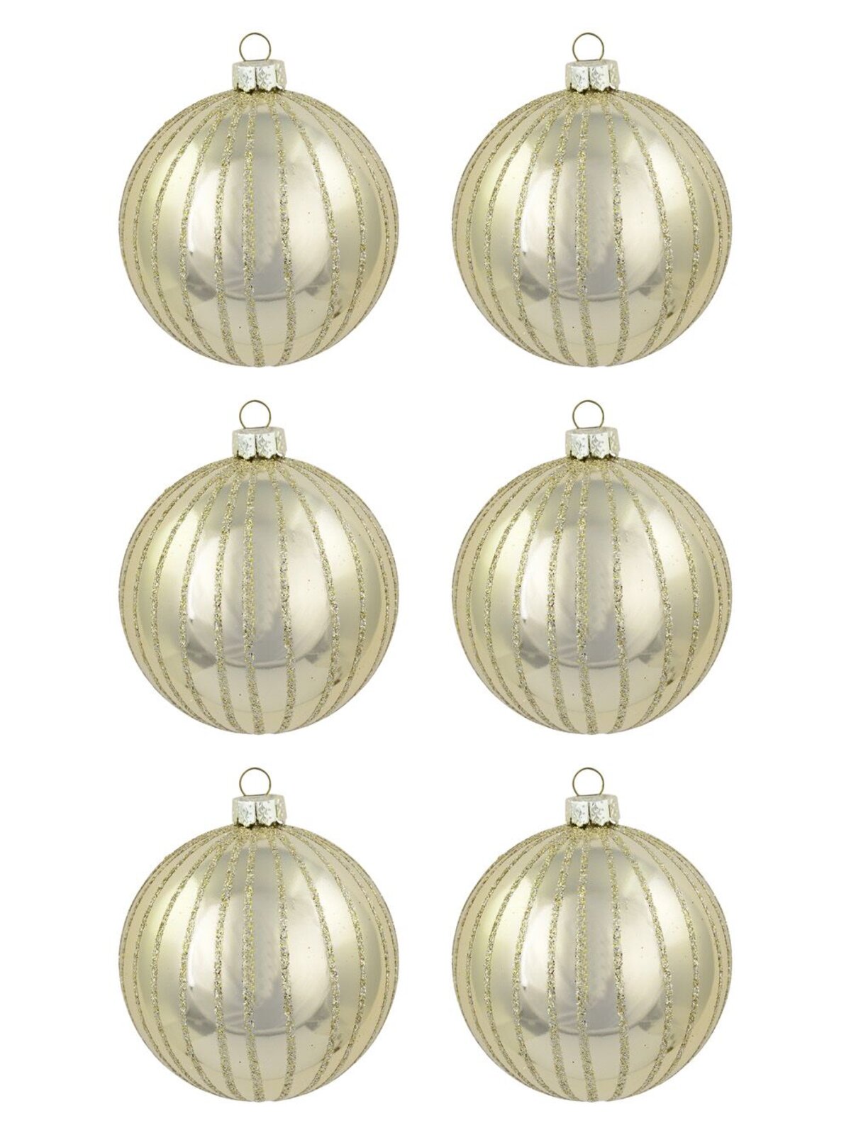 Metallic Ivory Baubles With Ivory Glitter Lines - 6 x 60mm