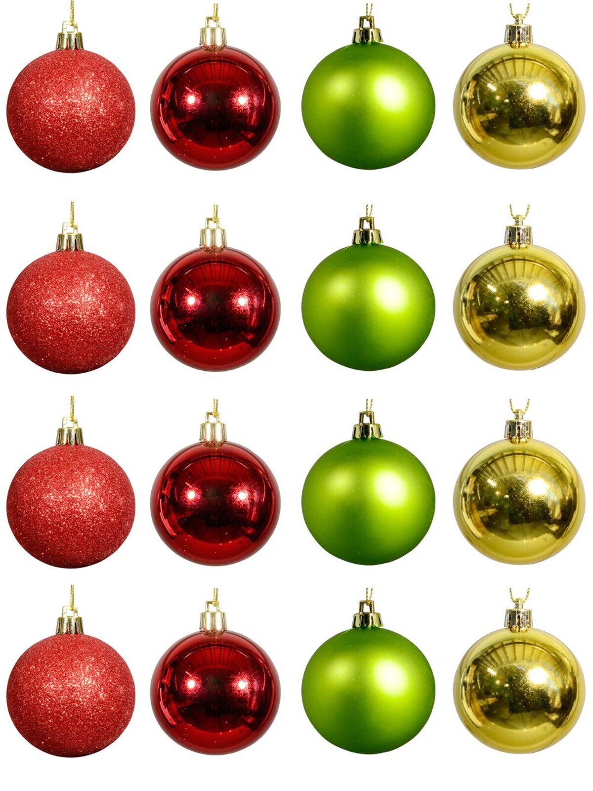 Metallic Red, Gold, Matt Green & Red Glitter Baubles - 16 x 60mm