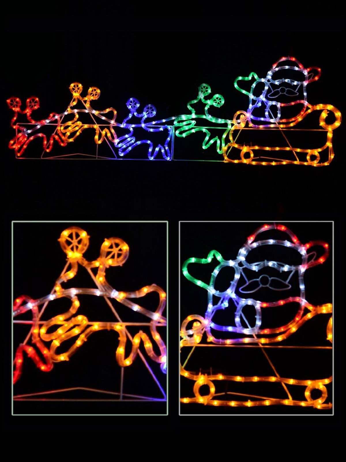 Multi Colour LED Santa, Sleigh & Cute Reindeers Rope Light Silhouette - 1.3m