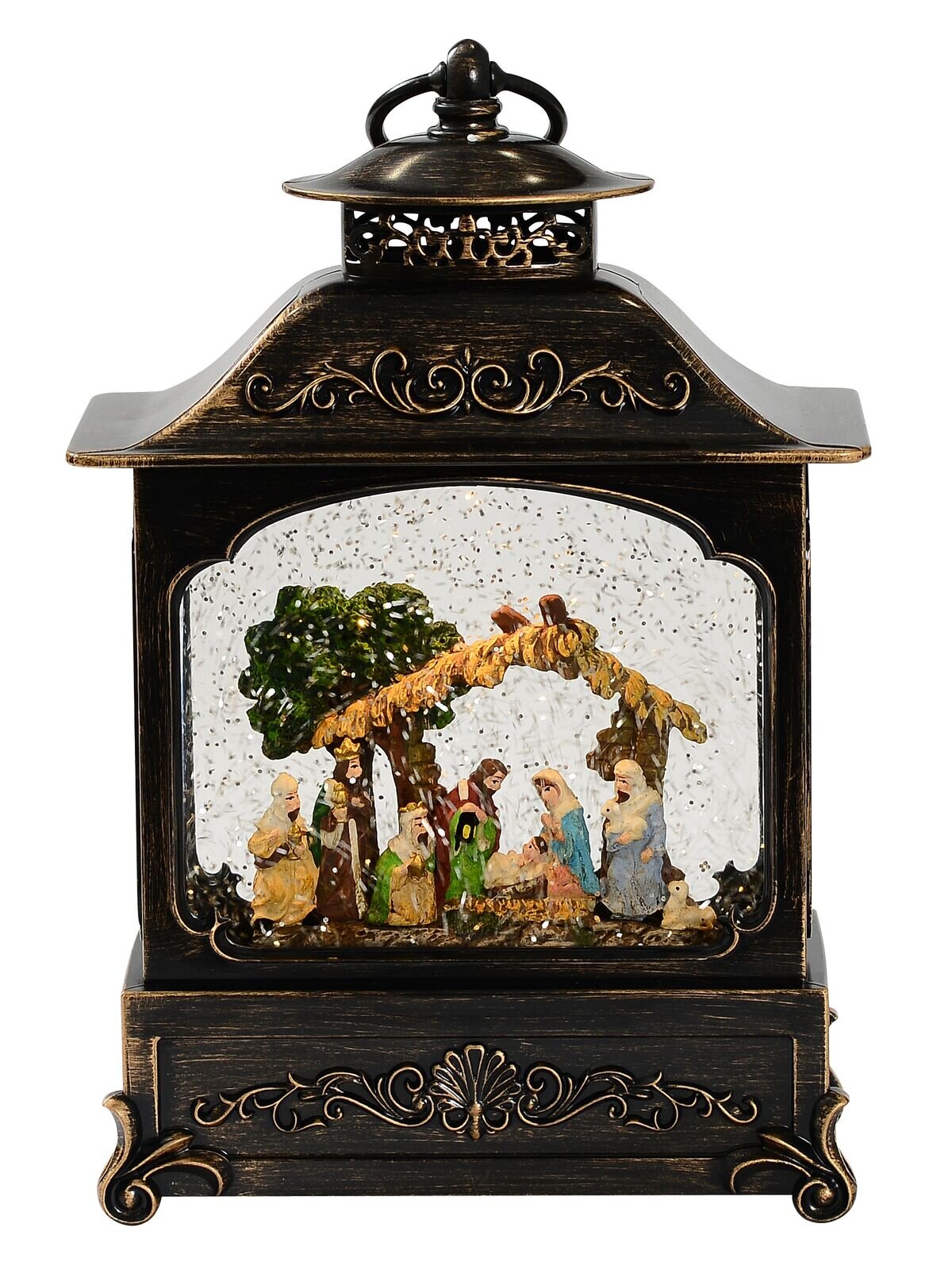 Nativity Scene Christmas Wood Stove Look Musical Lantern Snow Globe - 27cm