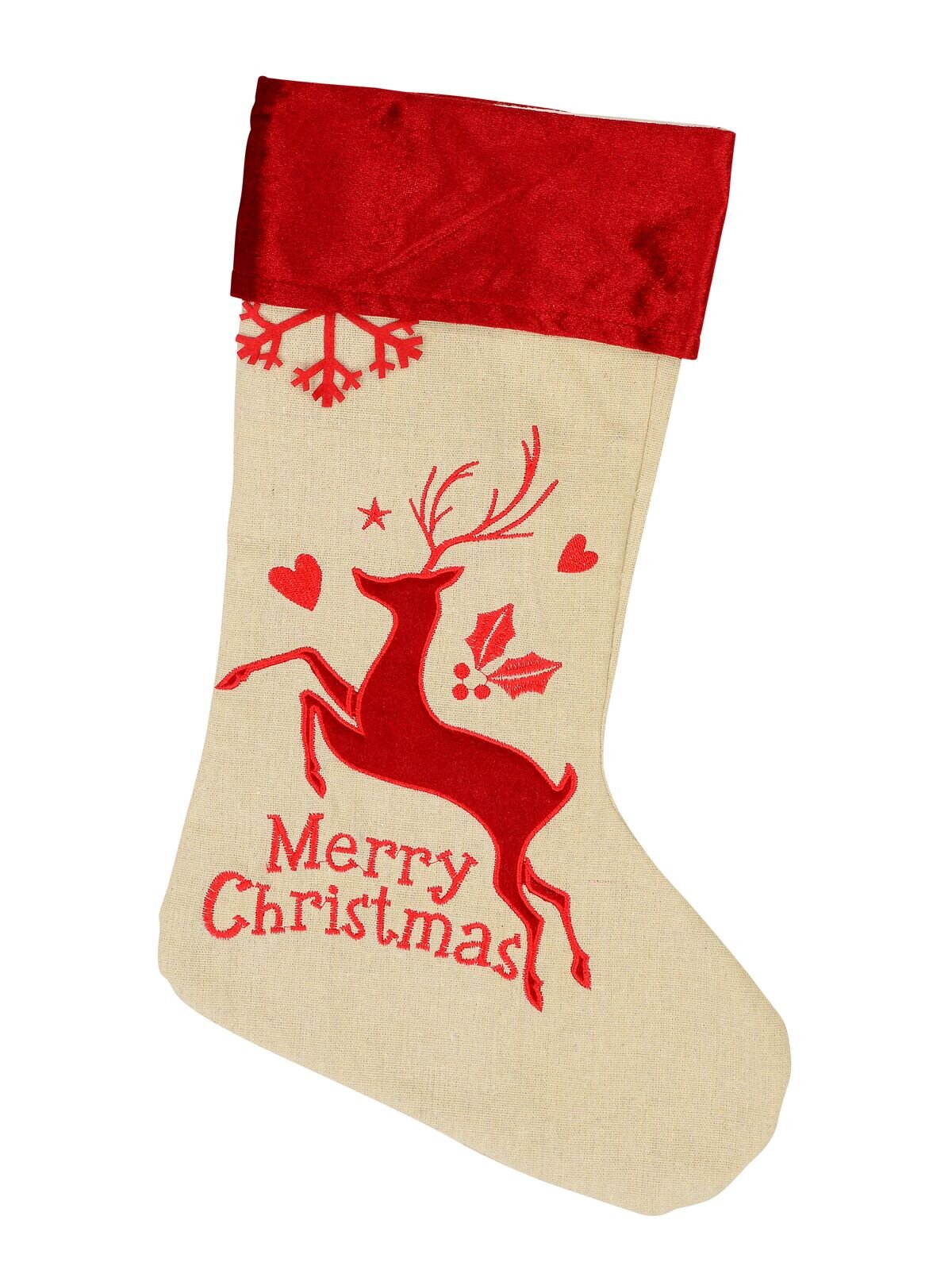 Natural Burlap With Merry Christmas & Deer Design Christmas Stocking - 42cm