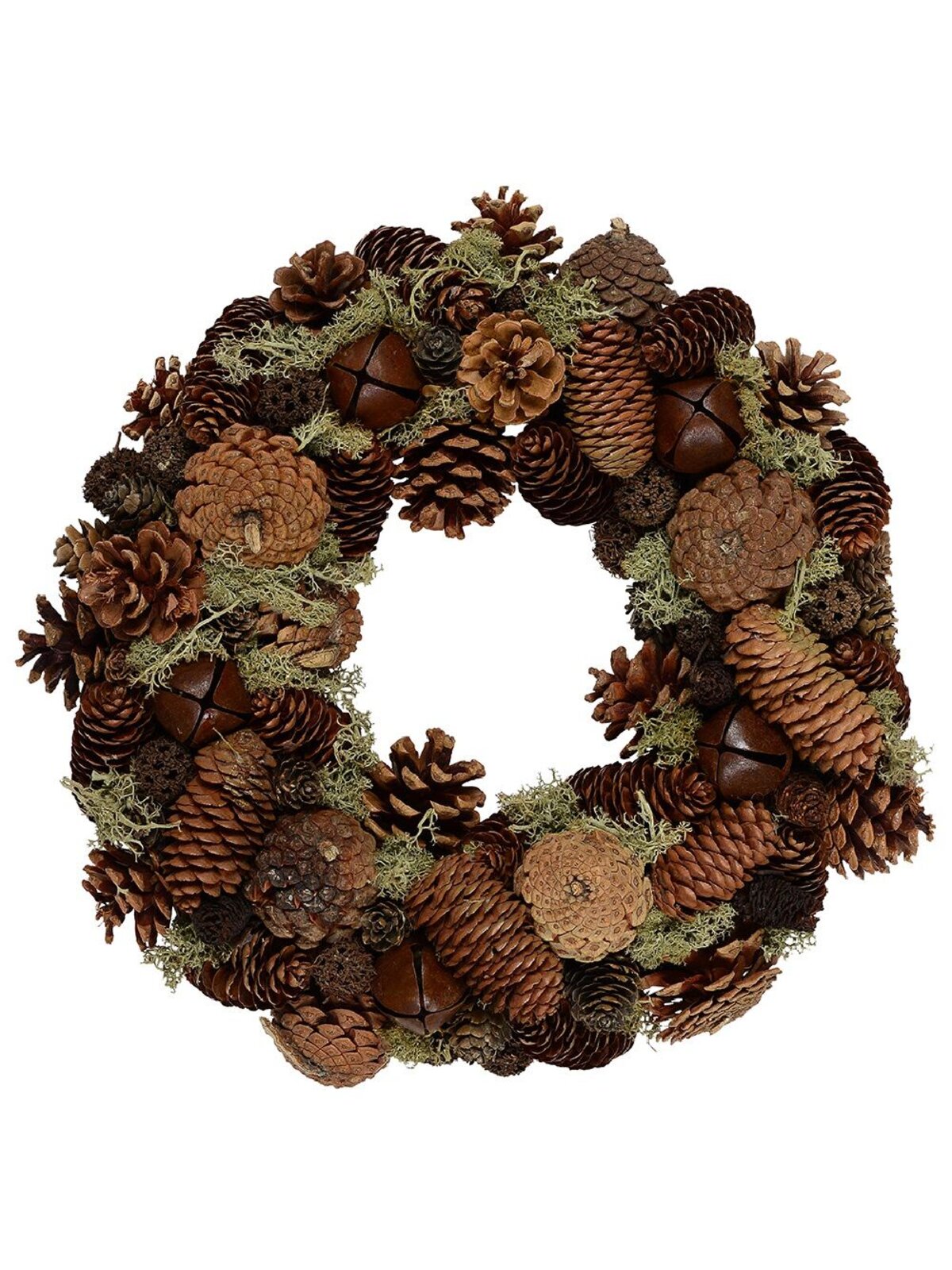 Natural Christmas Wreath With Assorted Pine Cones, Moss & Bells - 32cm
