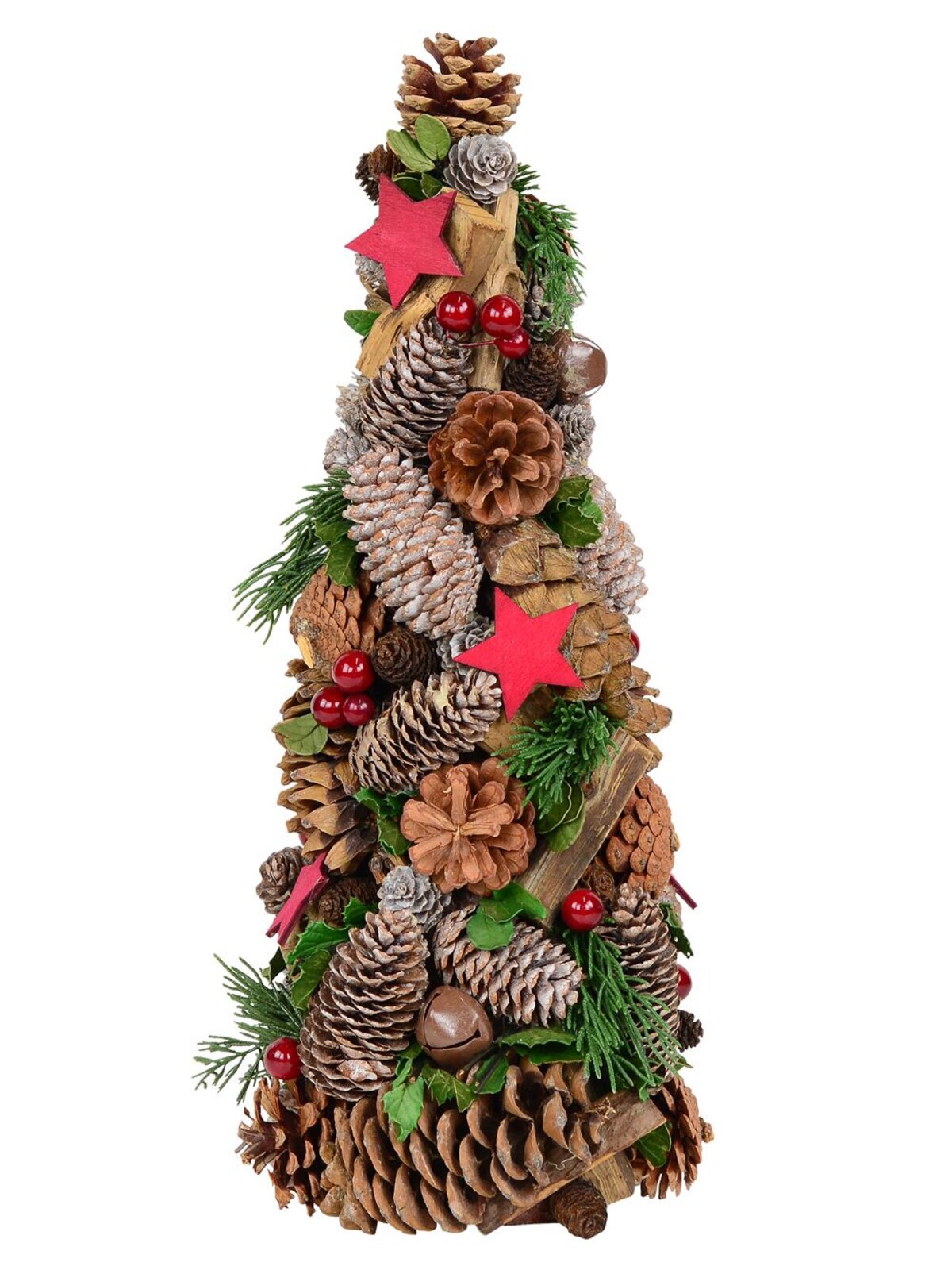 Natural Table Top Tree With Pine Cones, Stars, Wood Chunks & Bells - 43cm