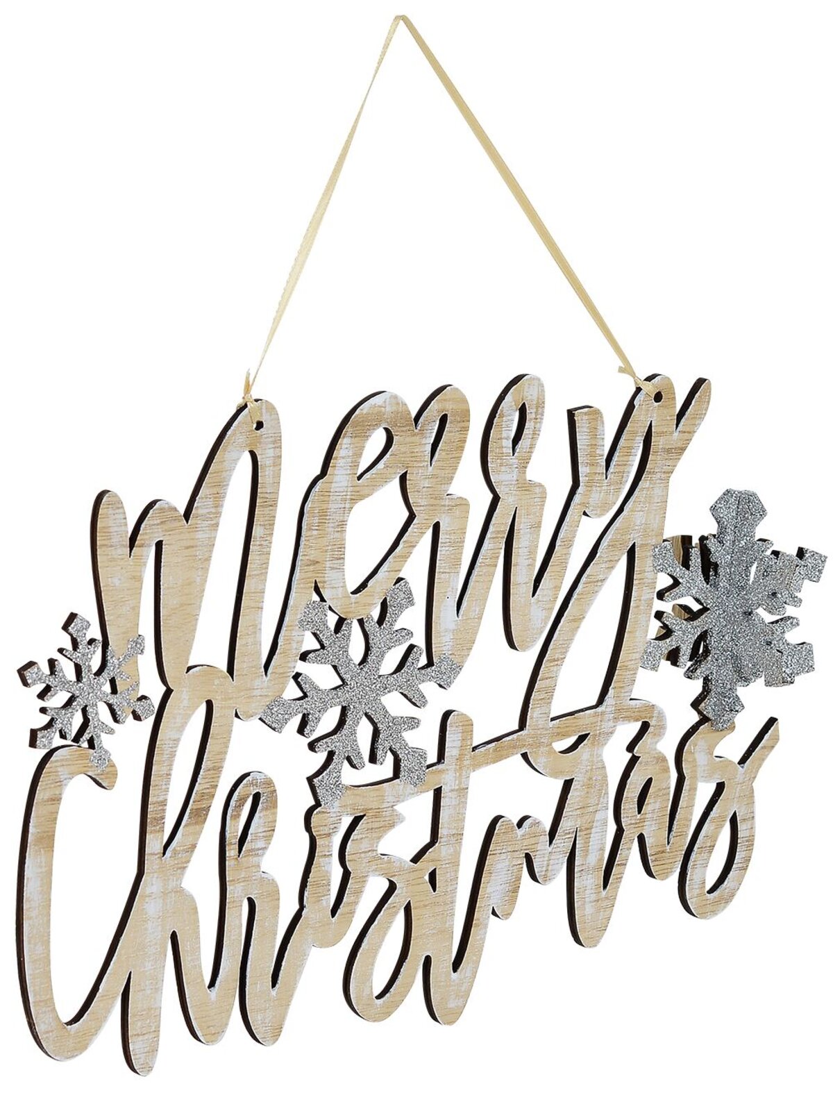 Natural Wood Hanging Merry Christmas with Silver Glittered Snowflakes - 20cm