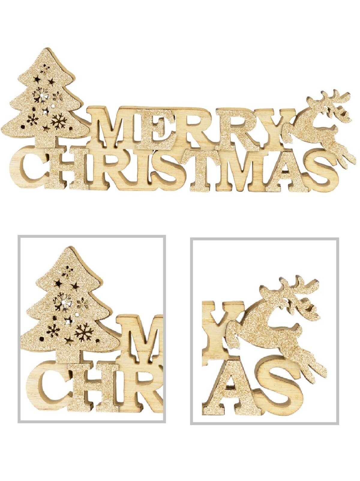 Natural Wood Merry Christmas with Champagne Glittered Tree &amp; Deer - 35cm