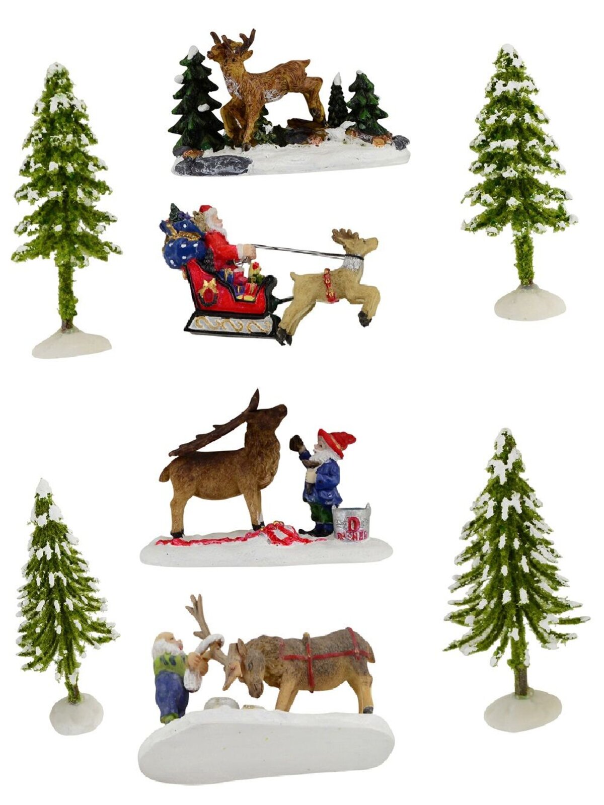 North Pole Santa, Reindeer & Elves Christmas Village Figurines - 8 Piece Set