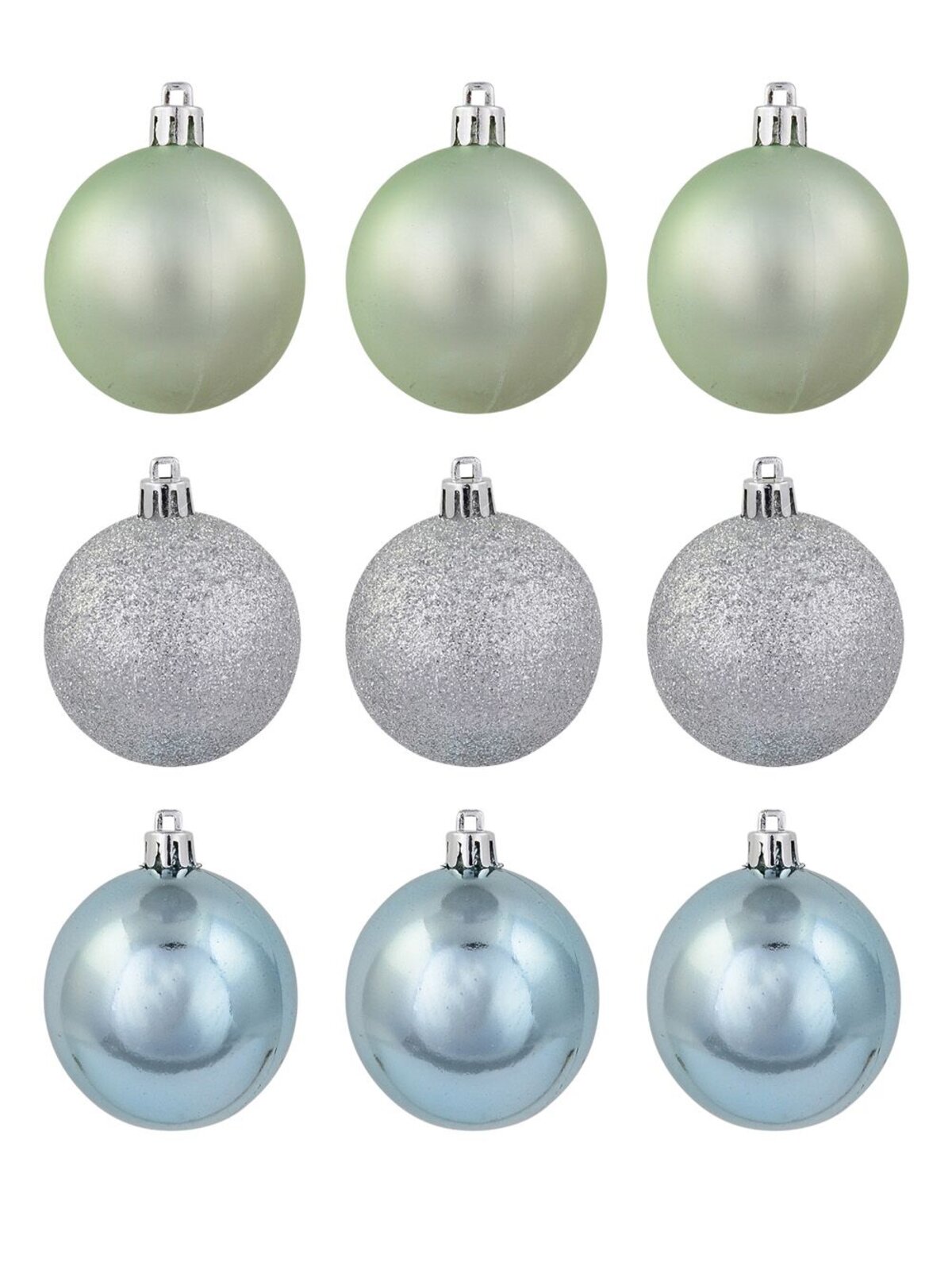 Pastel Green, Blue Matte & Silver Glitter Baubles - 9 x 60mm
