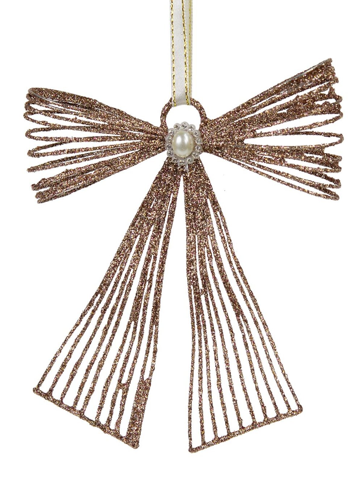 Pink Glitter Metal Ribbon Hanging Ornament With Pearl Embellishment - 12cm