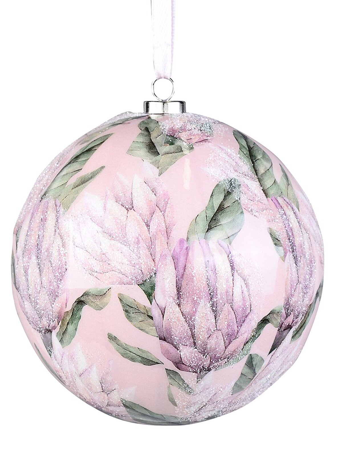 Pink Protea Authentic Natural Signature Silver Glitter Bauble | 10cm