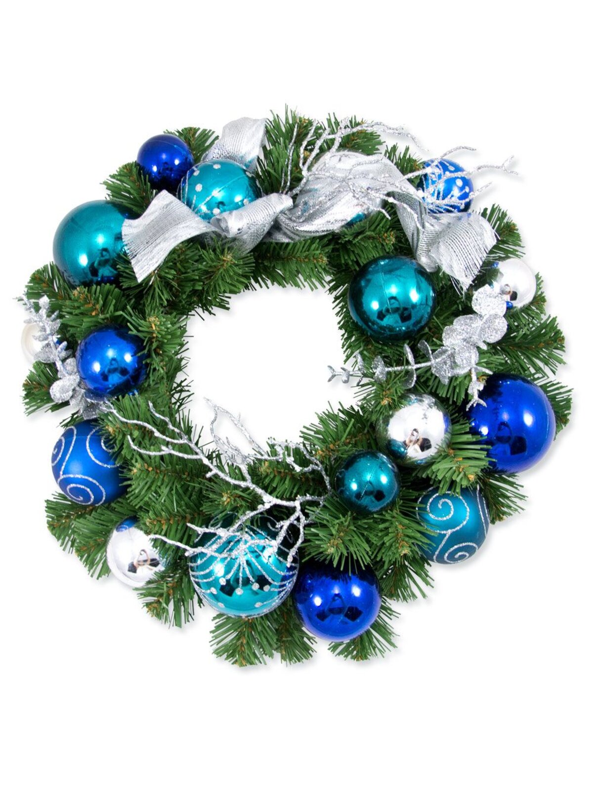 Pre-Decorated Blue & Silver Bauble Wreath - 36cm