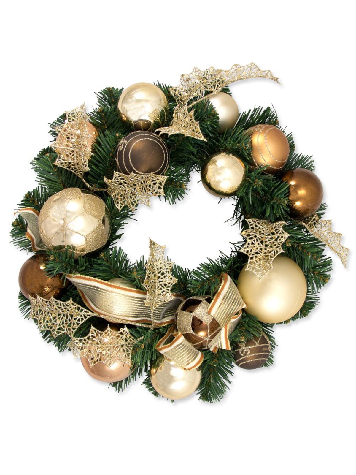 Pre-Decorated Chocolate, Copper & Champagne Bauble & Pine Wreath - 38cm