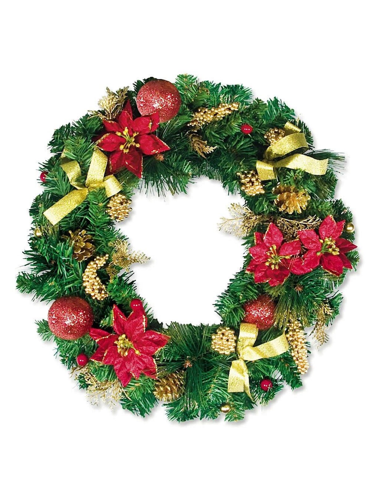 Pre-Decorated Red & Gold Pine Wreath With Poinsettia & Decorations - 44cm