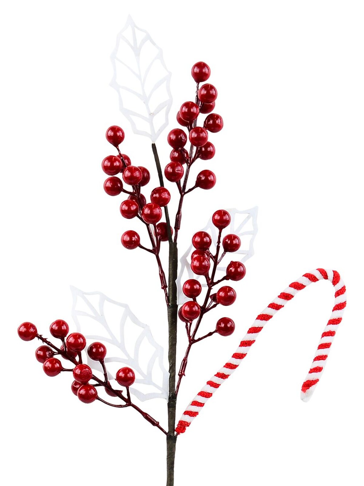 Red Berries White Leaves & A Candy Cane Spray Long Christmas Stem | 64cm