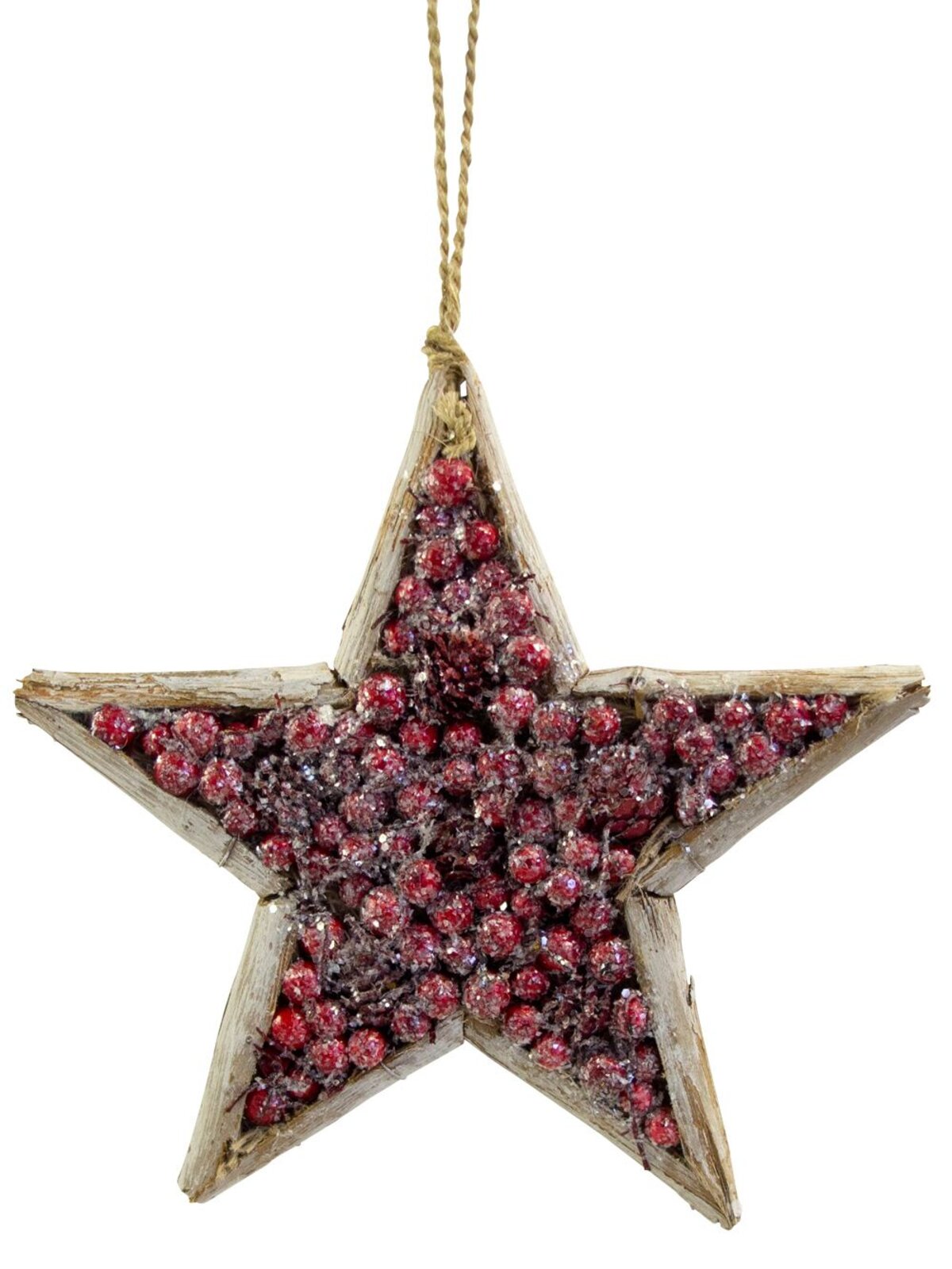Red Berry Filled Wooden Framed Star Hanging Decoration - 24cm