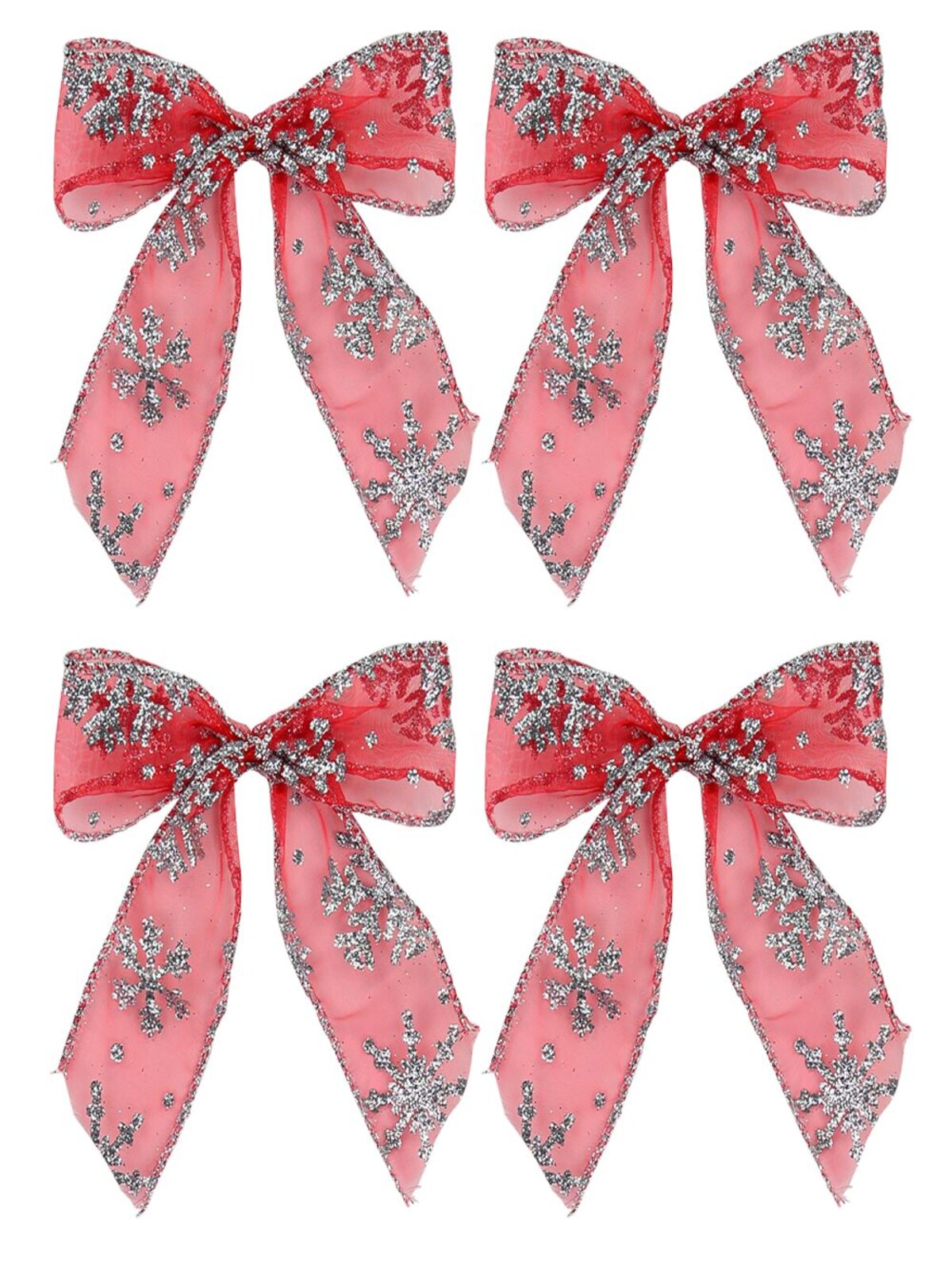 Red Christmas Tree Bow Decorations With Silver Glitter Snowflakes - 6 x 12cm