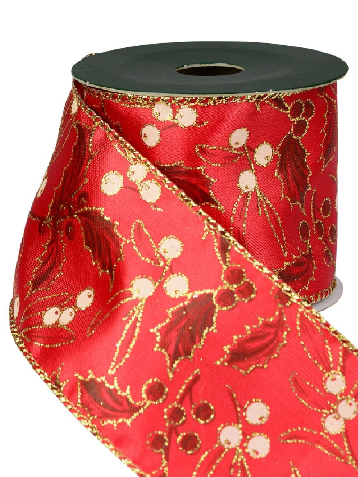 Red Fabric With Gold Glitter Holly Print Wide Cut Christmas Craft Ribbon - 3m