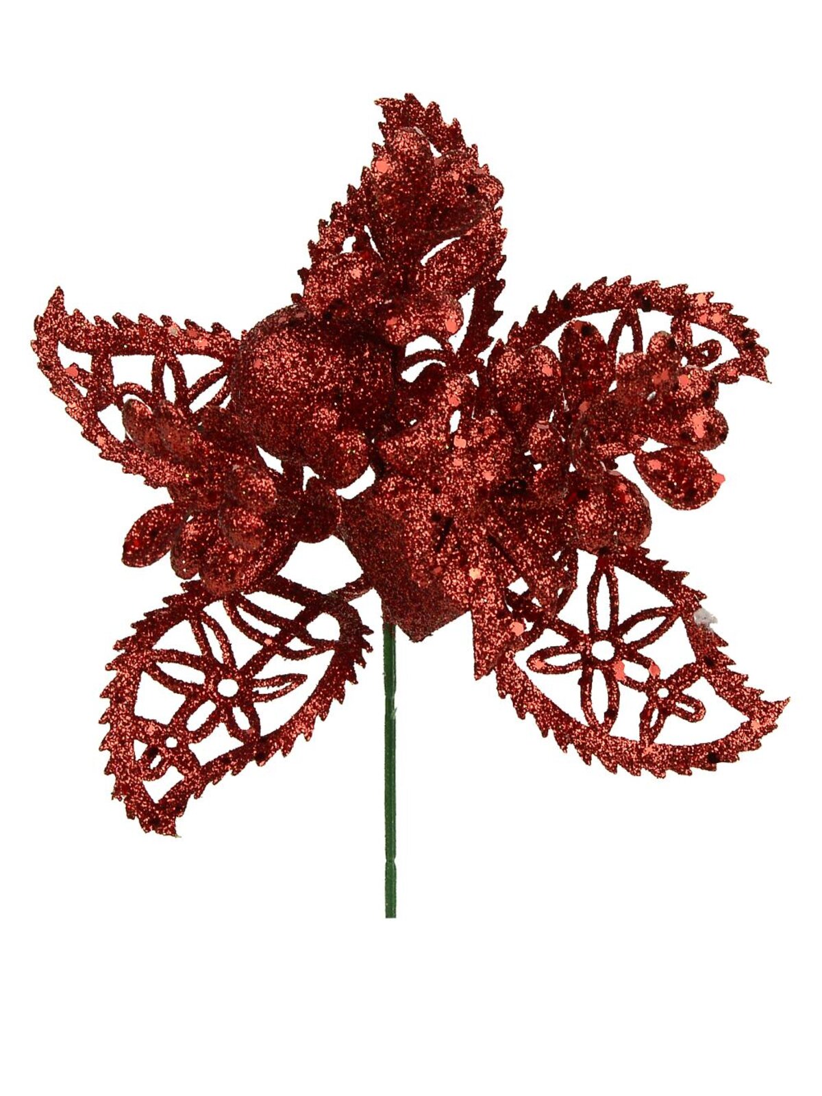 Red Glittered Decorative Leaf, present & berry Flower Pick - 14cm
