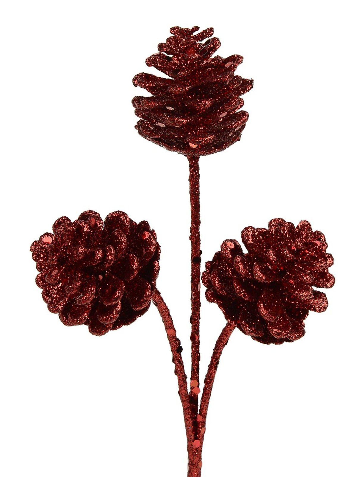 Red Glittered Three Pine Cones Pick - 10cm
