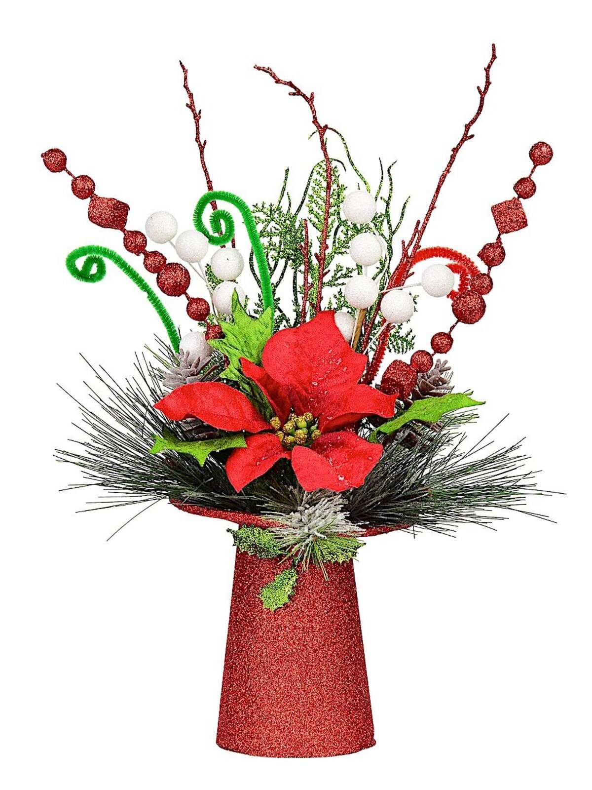 Red Glittered Top Hat Base Table Top Decoration with Poinsettia - 40cm