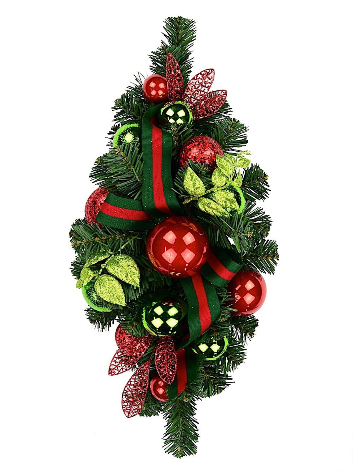 Red & Green Centrepiece With Baubles & Striped Ribbon - 64cm