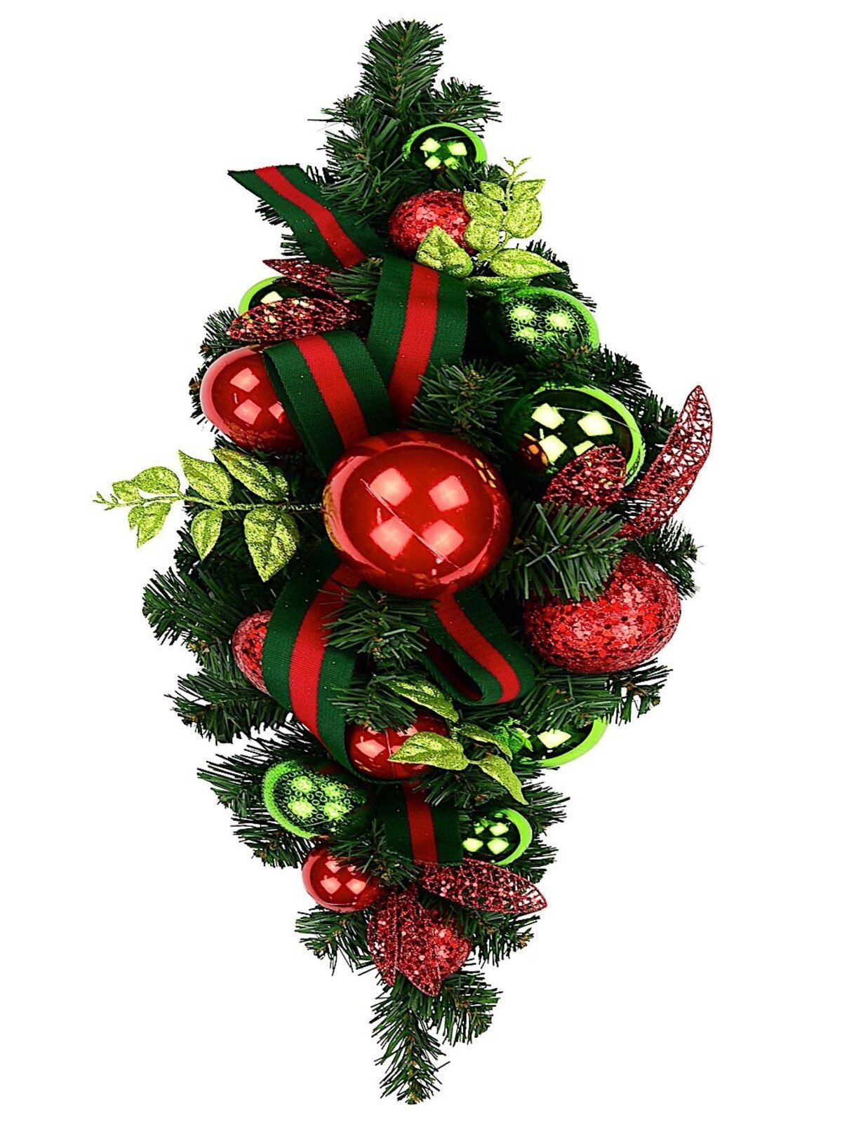 Red & Green Centrepiece With Baubles & Striped Ribbon - 74cm
