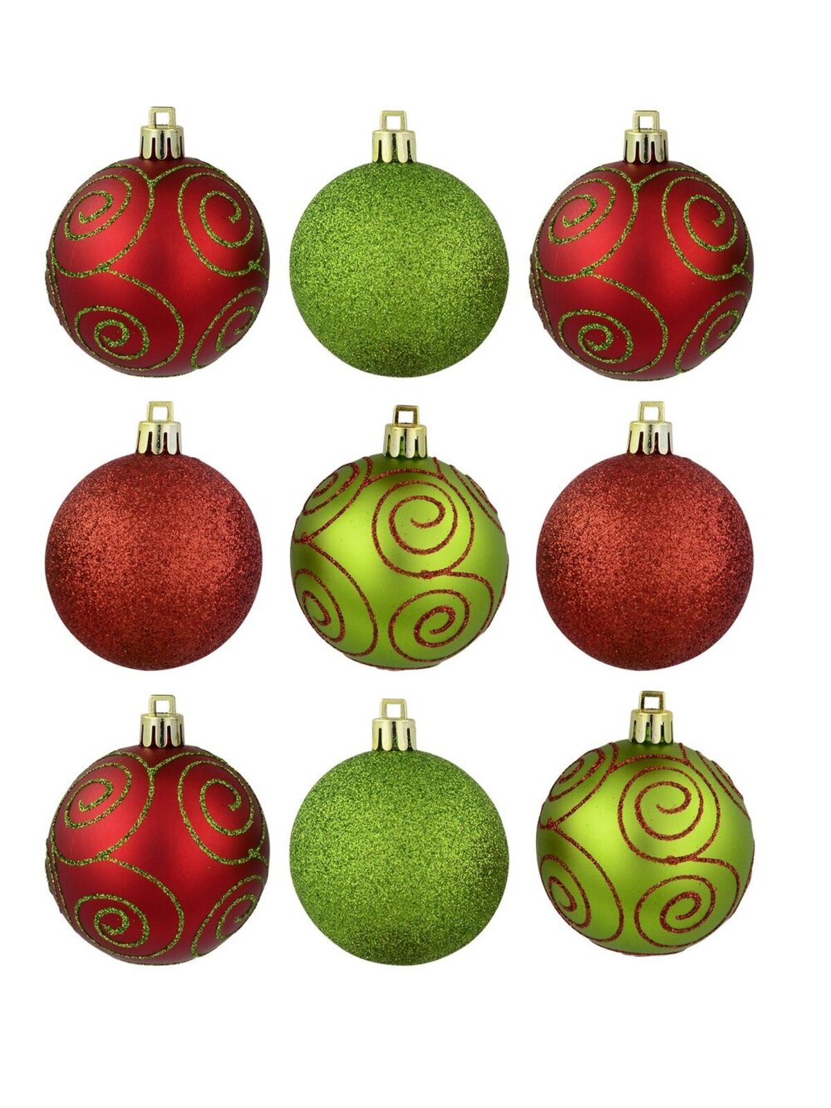 Red & Green Glitter, Matt & Glitter Swirls Baubles - 9 x 60mm