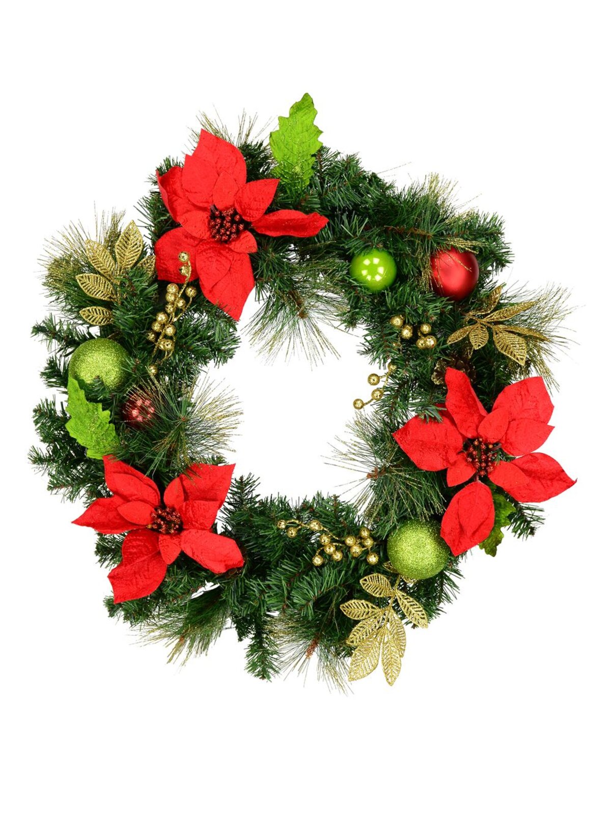 Red, Green & Gold Decorated Poinsettia & Bauble Wreath - 80cm