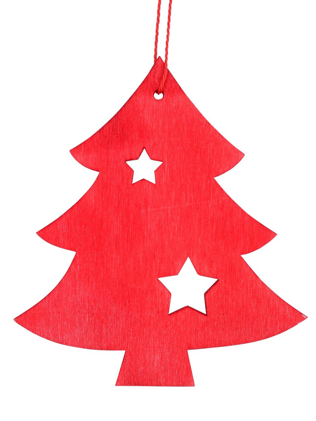 Red Natural Wood 2D Tree With Star Hanging Decoration - 12cm