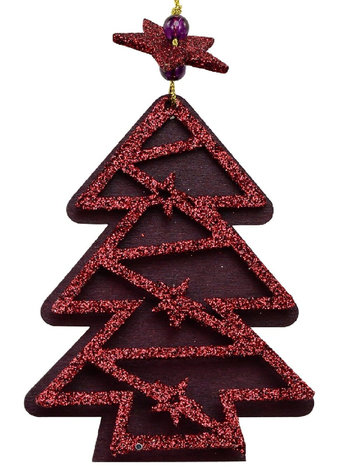 Red Natural Wood With Glitter Christmas Tree Hanging Decoration - 11cm