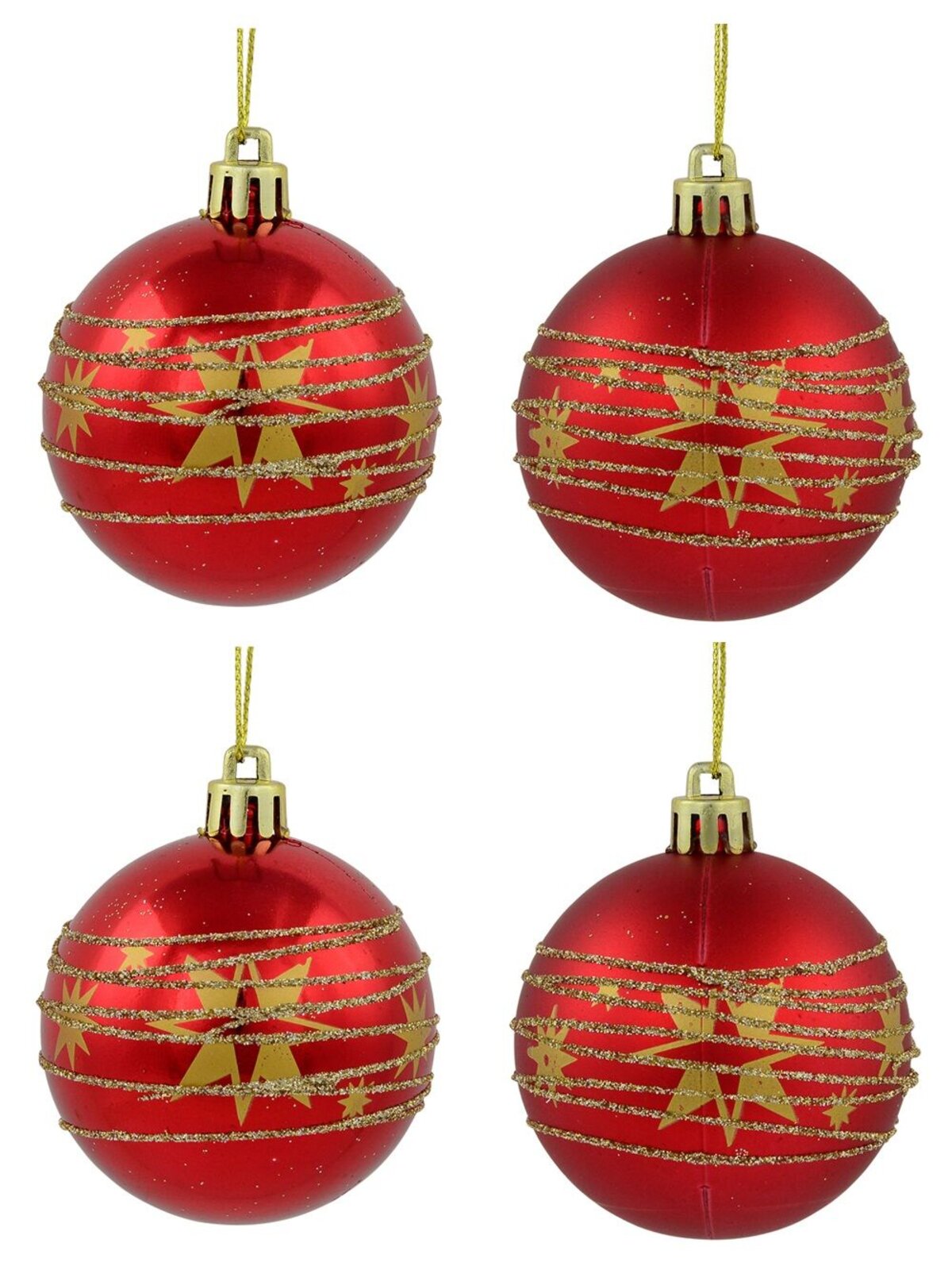 Red Shiny & Matte Baubles With Gold Stars & Glitter Stripes Design - 6 x 60mm