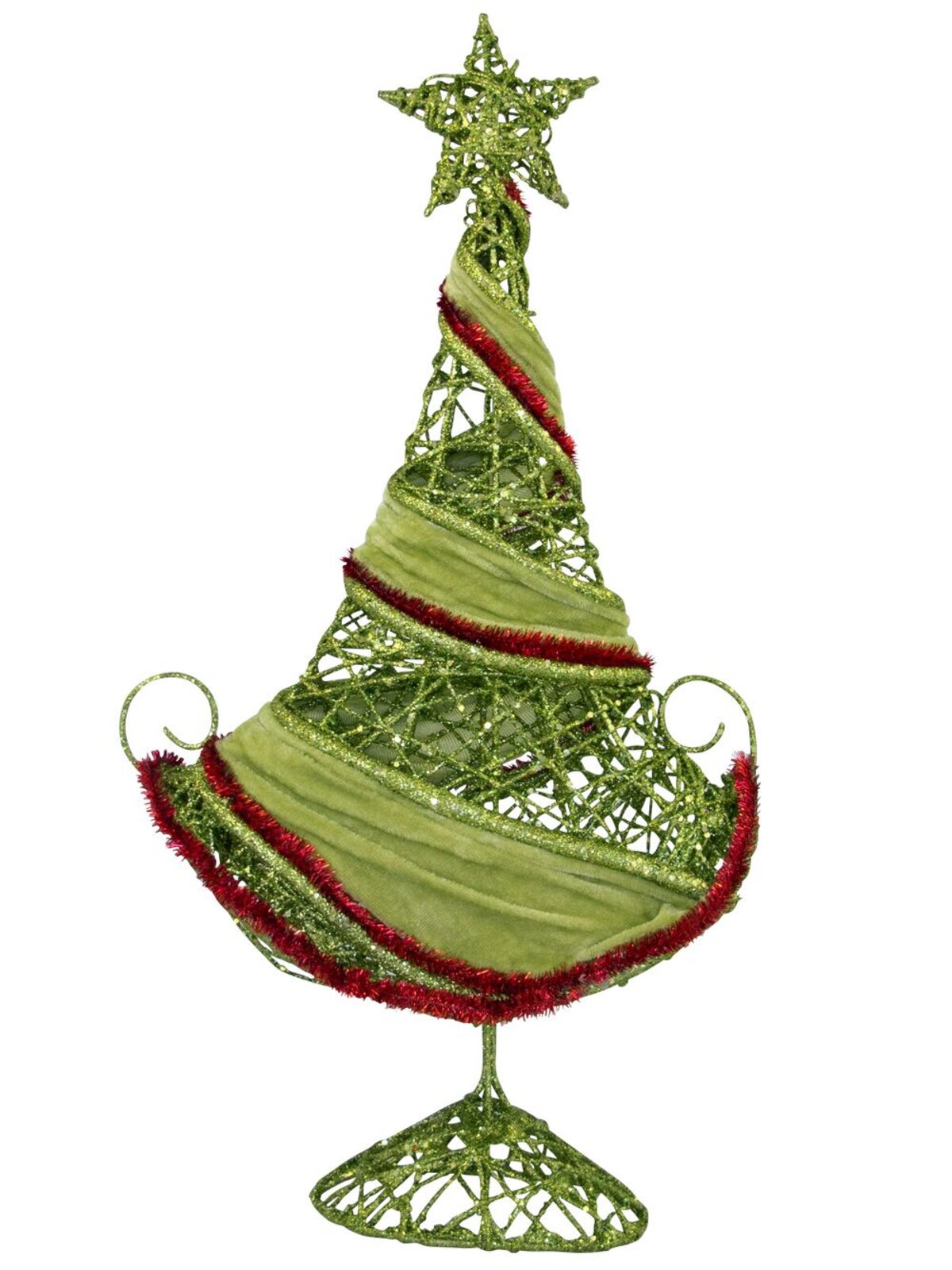 Red Tinsel & Green Velvet Wrapped Table Top Tree - 50cm