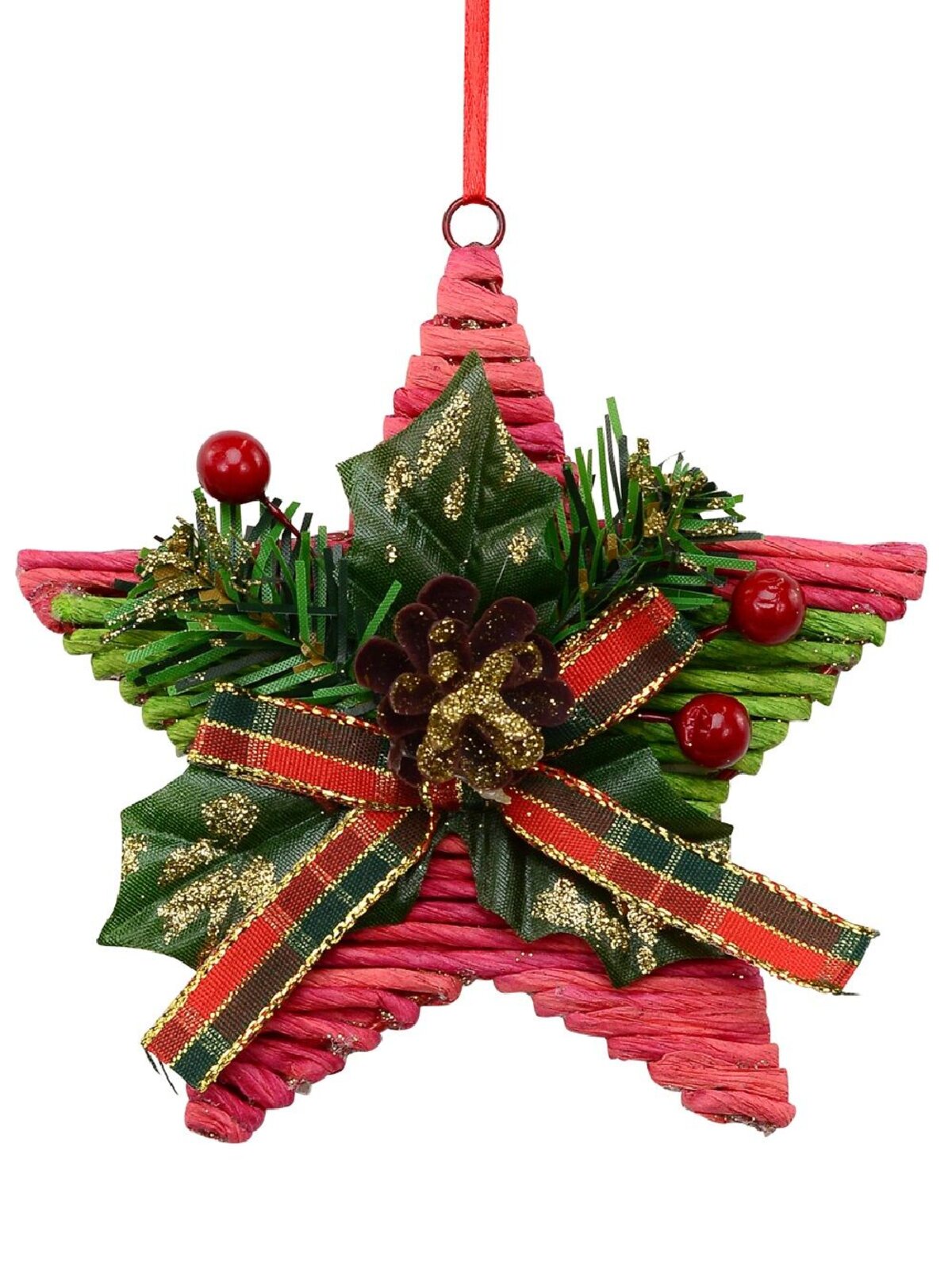 Red Twine Star With Green Foliage Christmas Tree Hanging Decoration - 12cm