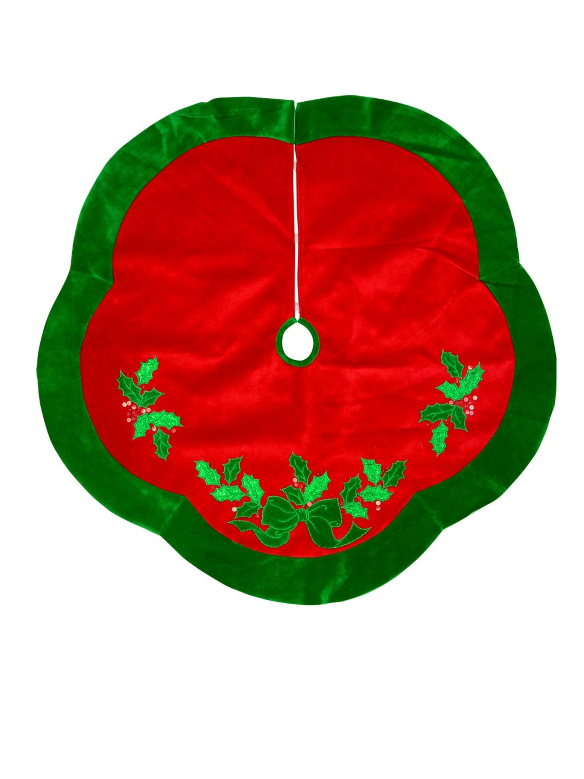 Red Velvet Scalloped Tree Skirt With Green Border & Holly Leaf Design - 1.2m