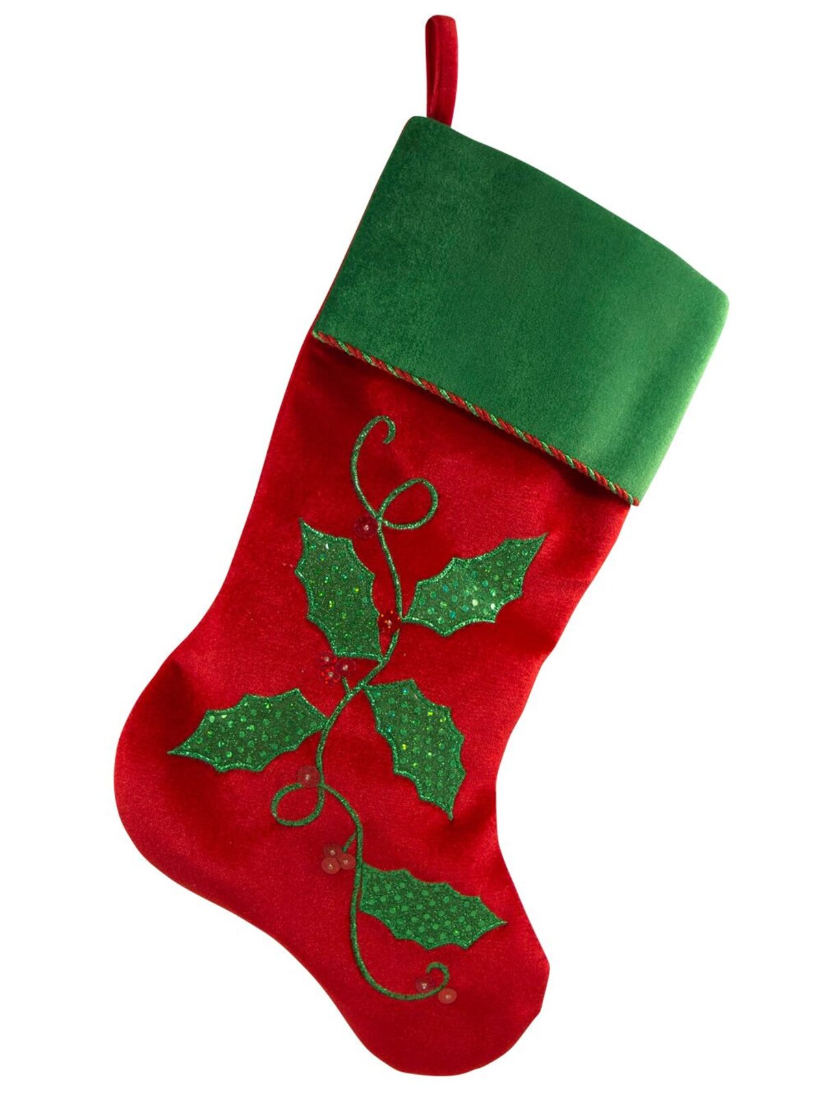 Red Velvet Stocking With Holly Vine - 47cm