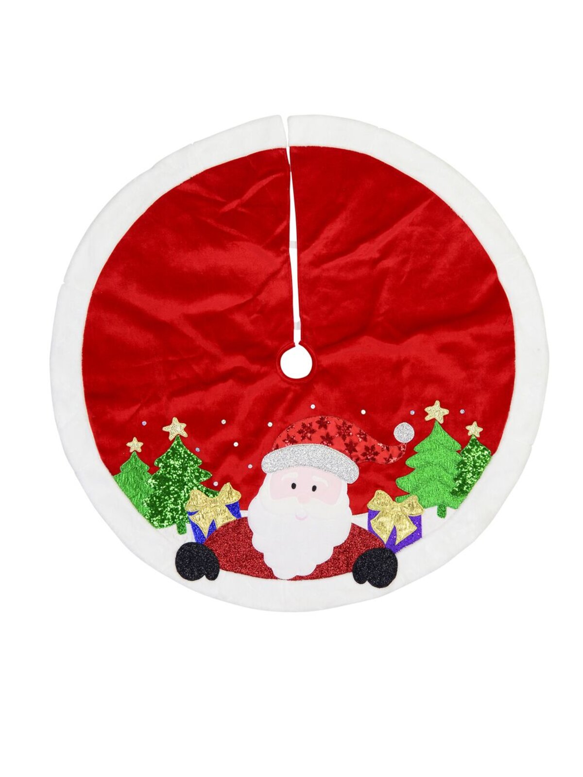 Red Velvet Tree Skirt with White Faux Fur Border & Santa Applique - 1.2m
