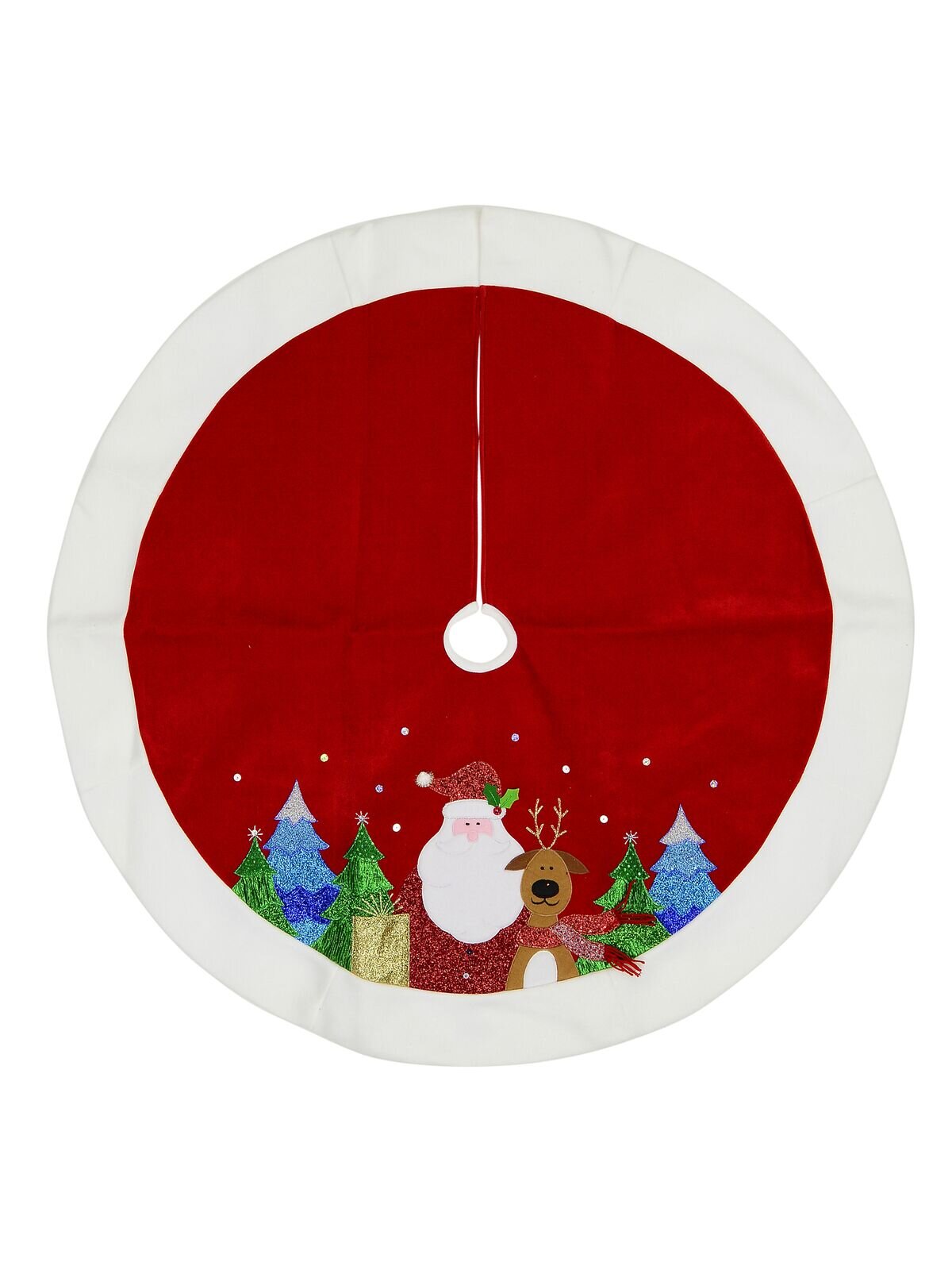 Red Velvet With White Trim &, Santa & Reindeer Design Tree Skirt - 1.2m