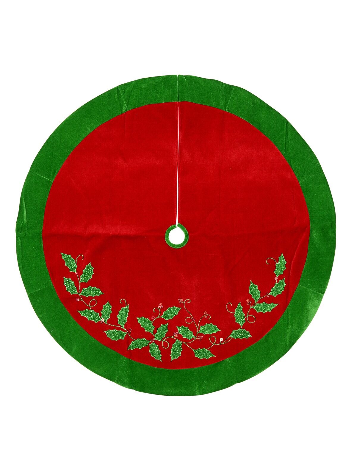 Red With Green Holly Leaf Design & Green Trim Tree Skirt - 1.2m