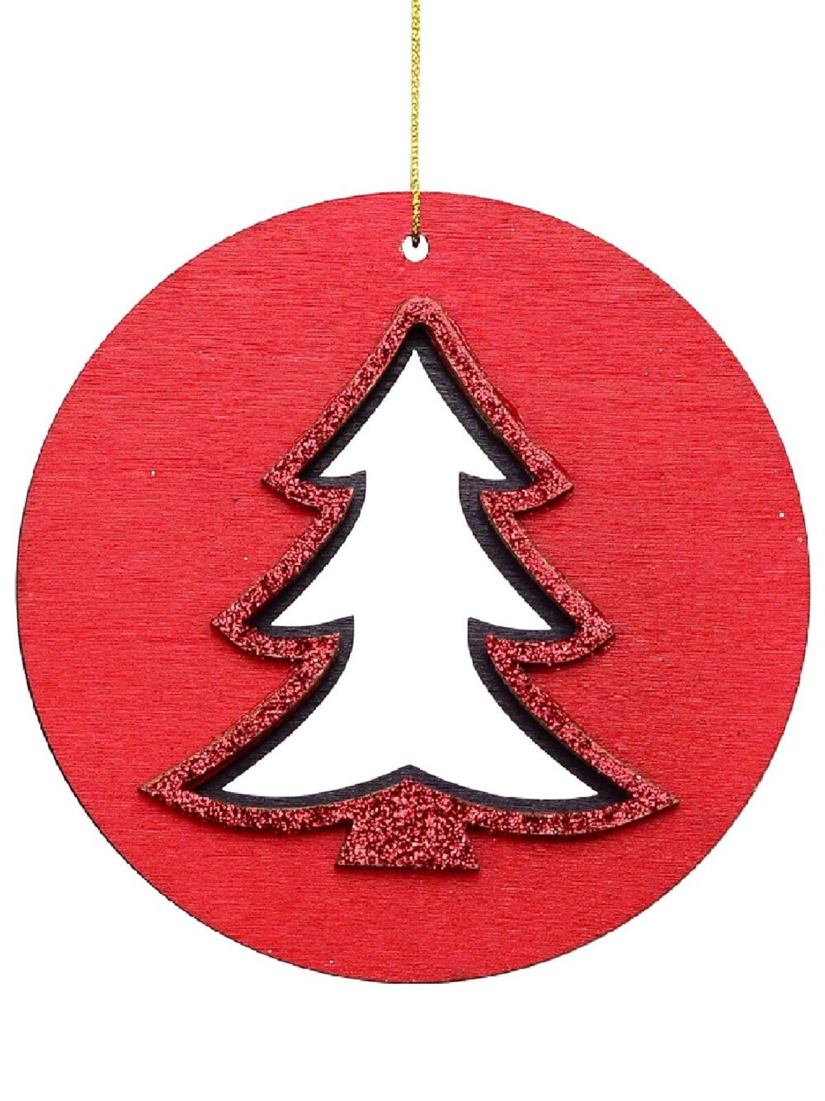 Red Wood Christmas Tree Silhouette Medallion Hanging Decoration - 10cm