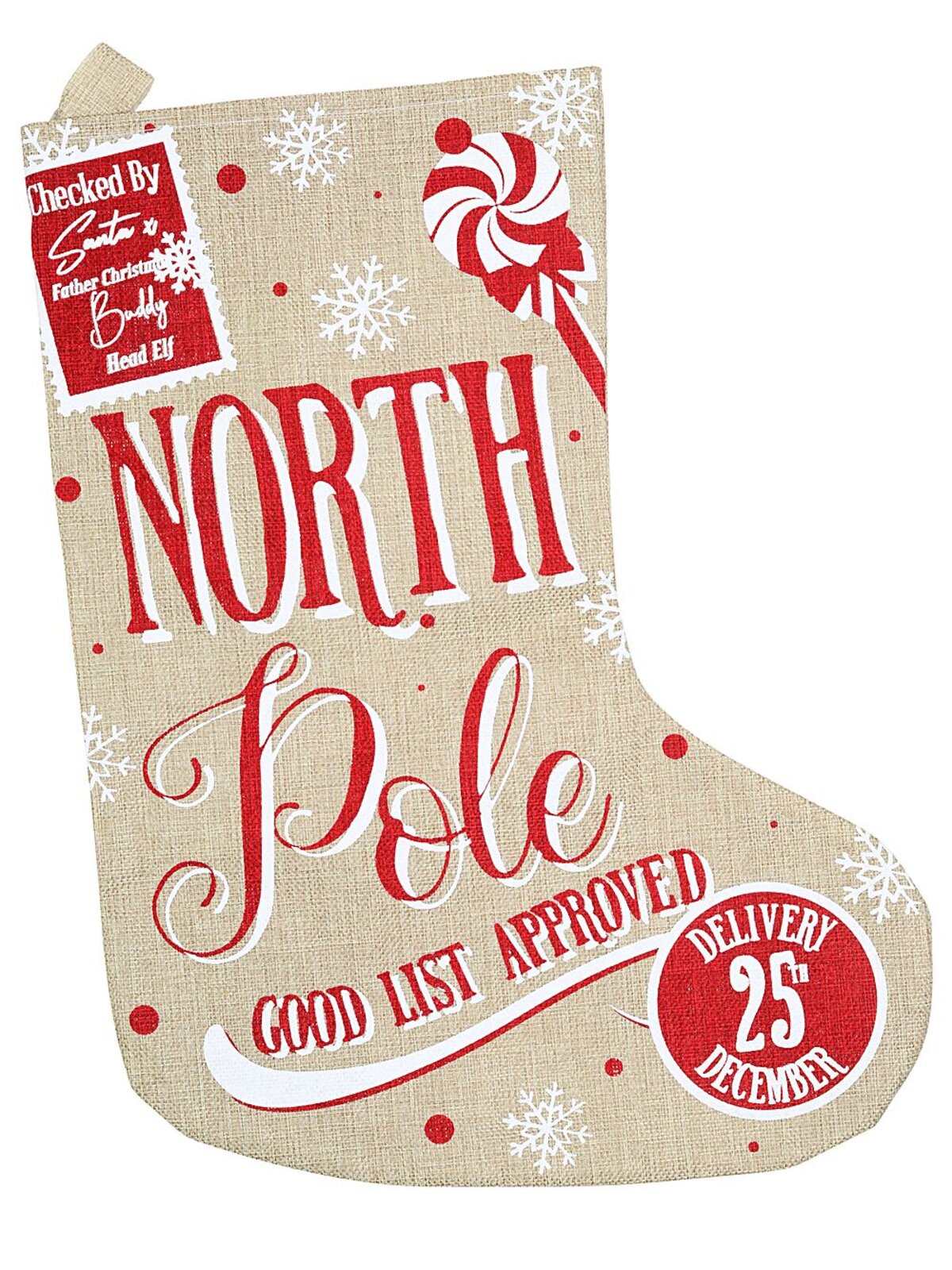 Rustic Jute North Pole Good List Approved Christmas Stocking | 50cm