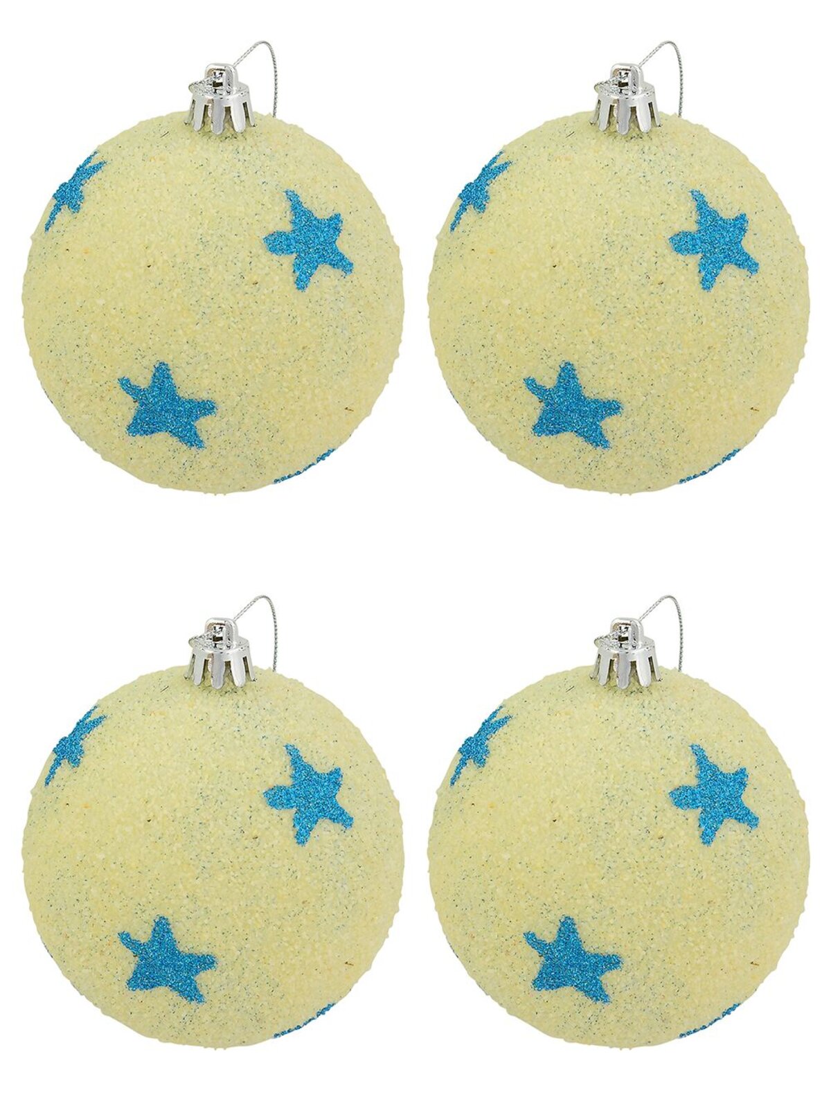 Sand Like Texture Baubles Decorated With Turquoise Stars - 4 x 75mm